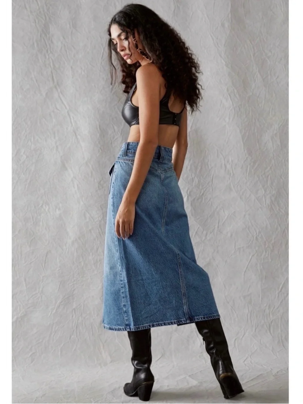 We The Free Madison Midi Long Denim Skirt 32 Front Split Indie Sleaze Streetwear